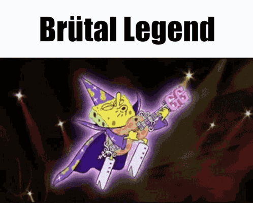 A Cartoon Of Spongebob Playing A Guitar With The Words " Brutal Legend " Above Him GIF