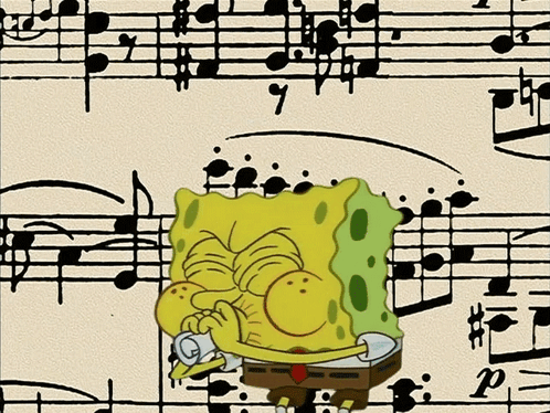 A Cartoon Of Spongebob Playing A Trumpet On A Sheet Of Music GIF