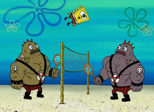 A Cartoon Of Spongebob Playing Volleyball With Two Muscular Fish GIF