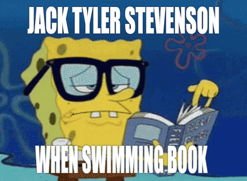 A Cartoon Of Spongebob Reading A Book Titled Jack Tyler Stevenson GIF