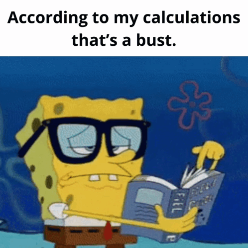 A Cartoon Of Spongebob Reading A Book With A Caption That Says According To My Calculations That 'S A Bust GIF
