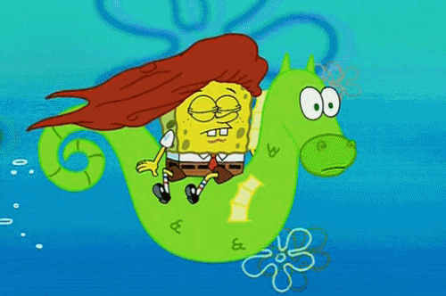 A Cartoon Of Spongebob Riding A Green Seahorse In The Ocean GIF