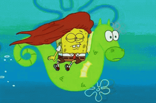 A Cartoon Of Spongebob Riding A Seahorse In The Ocean GIF