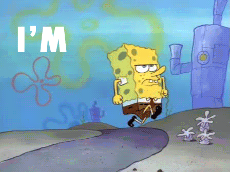 A Cartoon Of Spongebob Running With The Words " I 'M " Behind Him GIF
