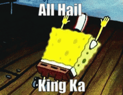 A Cartoon Of Spongebob Saying " All Hail King Ka " On A Wooden Surface GIF