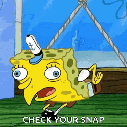 A Cartoon Of Spongebob Saying Check Your Snap On A Green Background GIF