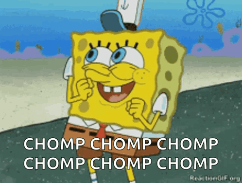A Cartoon Of Spongebob Saying Chomp Chomp Chomp Chomp GIF