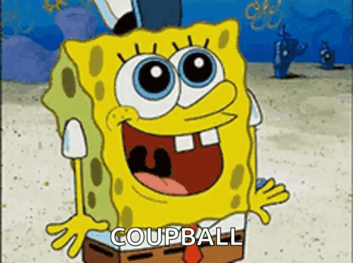 A Cartoon Of Spongebob Saying Coupball On The Beach GIF
