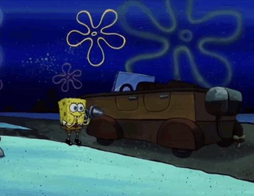 A Cartoon Of Spongebob Saying Hi Boaty In Front Of A Brown Car GIF