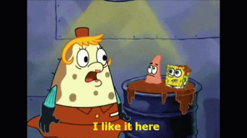 A Cartoon Of Spongebob Saying I Like It Here GIF