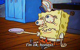 A Cartoon Of Spongebob Saying " I 'M Ok Honest " While Holding A Plate GIF