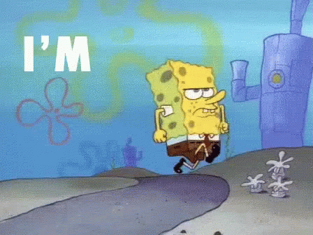 a cartoon of spongebob saying " i 'm " while walking down a path