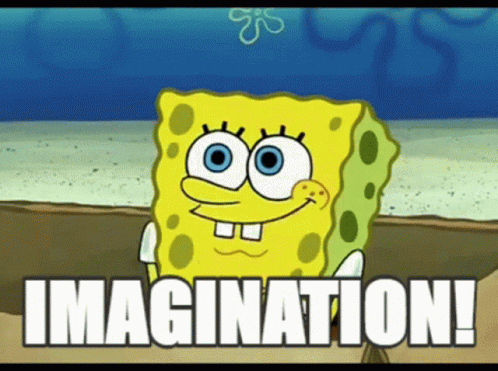 A Cartoon Of Spongebob Saying " Imagination " In The Sand GIF