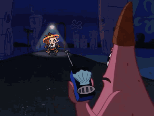 A Cartoon Of Spongebob Saying She 'S Just Standing There While Holding A Flashlight GIF