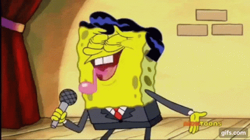 A Cartoon Of Spongebob Singing Into A Microphone While Blowing A Bubble . GIF