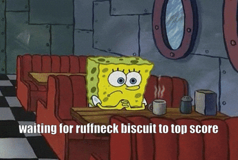 A Cartoon Of Spongebob Sitting At A Diner Table With The Caption Waiting For Ruffneck Biscuit To Top Score GIF