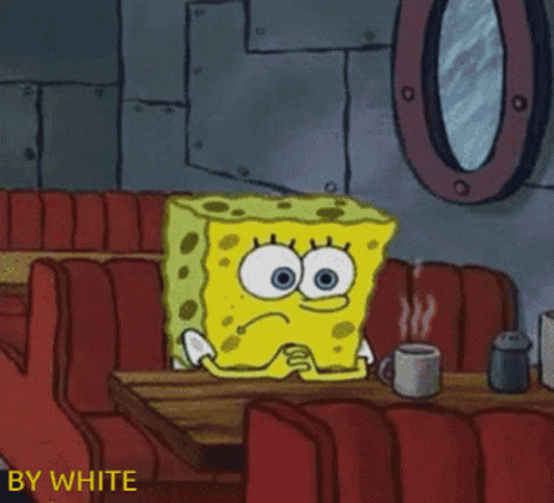 A Cartoon Of Spongebob Sitting At A Table With A Cup Of Steaming Coffee GIF