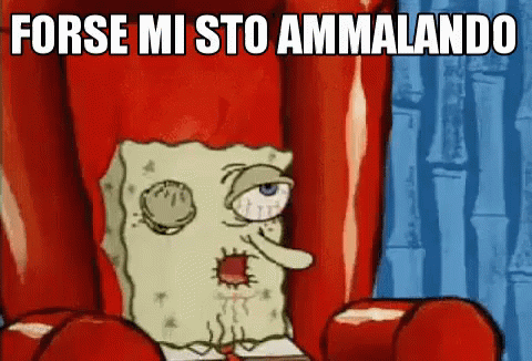 A Cartoon Of Spongebob Sitting In A Chair With A Hole In His Chest And The Words Forse Mi Sto Ammalando Above Him . GIF