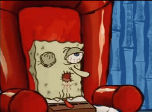 A Cartoon Of Spongebob Sitting In A Chair With A Hole In His Eye GIF