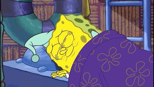 A Cartoon Of Spongebob Sleeping On A Bed With A Purple Blanket GIF