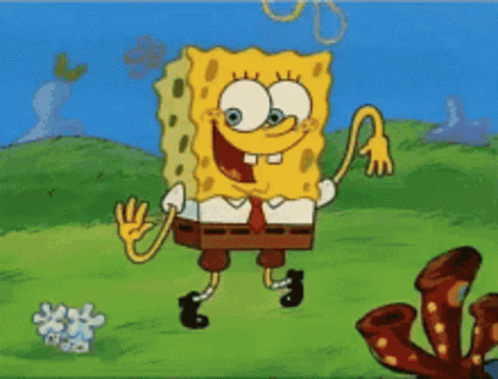 A Cartoon Of Spongebob Squarepants Dancing In A Field GIF