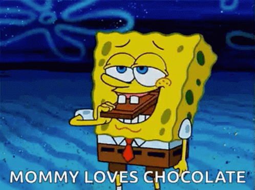 A Cartoon Of Spongebob Squarepants Eating A Piece Of Chocolate And Saying `` Mommy Loves Chocolate '' . GIF