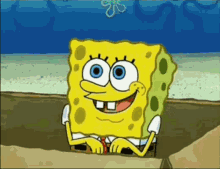 A Cartoon Of Spongebob Squarepants Is Smiling And Sitting On A Rock GIF