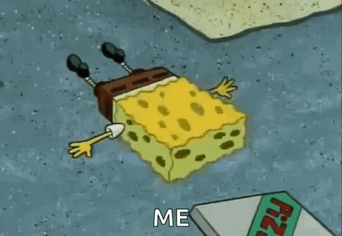 A Cartoon Of Spongebob Squarepants Laying On The Ground Next To A Box Of Pizza . GIF