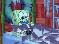 A Cartoon Of Spongebob Squarepants Sitting On A Table With Ice Cubes And A Life Preserver . GIF