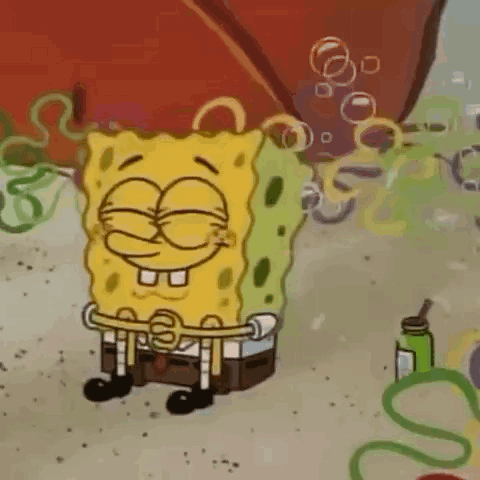 A Cartoon Of Spongebob Squarepants Sitting On The Beach With A Bottle Of Water . GIF