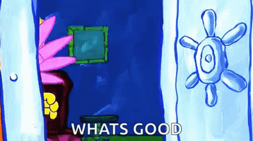 A Cartoon Of Spongebob Squarepants Standing In Front Of A Door With A Picture Of A Flower On It . GIF
