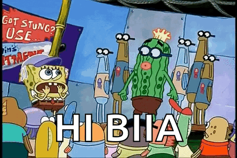 A Cartoon Of Spongebob Squarepants Standing Next To A Cactus With The Words `` Hi Bita '' Written On It . GIF