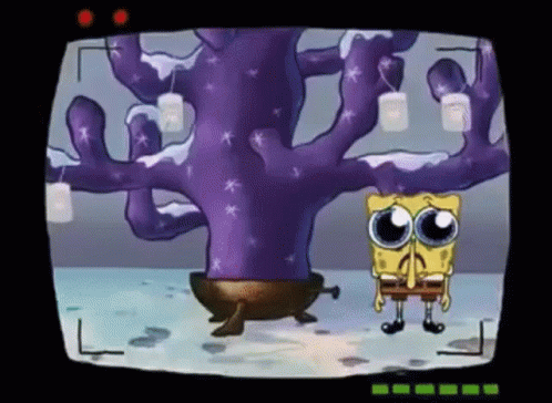 A Cartoon Of Spongebob Squarepants Standing Next To A Purple Tree . GIF