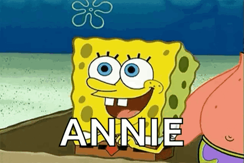 A Cartoon Of Spongebob Squarepants Standing Next To Patrick On The Beach With The Name Annie On His Chest . GIF
