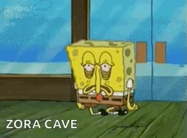 A Cartoon Of Spongebob Squarepants Standing On A Wooden Floor With The Words Zora Cave Written On The Bottom . GIF