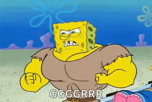 A Cartoon Of Spongebob Squarepants With Muscles And A Sword . GIF