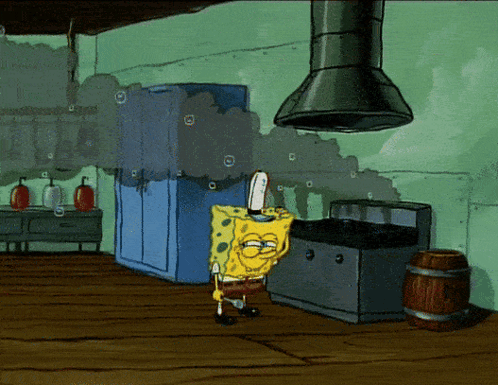 A Cartoon Of Spongebob Standing In A Kitchen With Smoke Coming Out Of The Refrigerator GIF