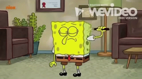 A Cartoon Of Spongebob Standing In A Living Room Holding A Bottle GIF