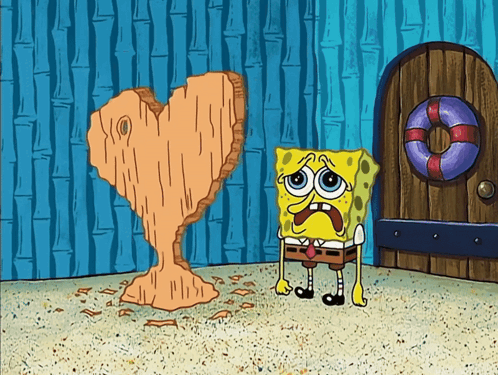 A Cartoon Of Spongebob Standing In Front Of A Heart Shaped Piece Of Wood GIF