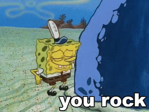 A Cartoon Of Spongebob Standing Next To A Large Rock That Says You Rock GIF