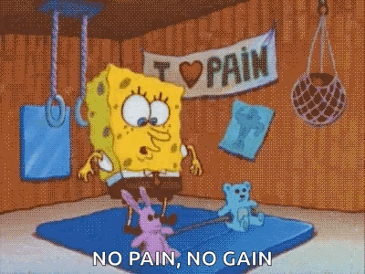 A Cartoon Of Spongebob Standing On A Mat With A Teddy Bear And A Sign That Says I Love Pain GIF