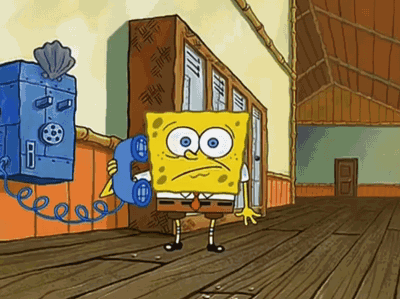 A Cartoon Of Spongebob Talking On A Phone In A Room GIF