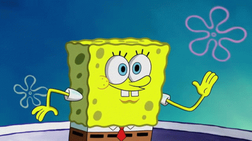 A Cartoon Of Spongebob Waving In Front Of A Sponge Flower GIF