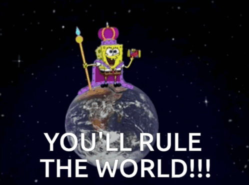 A Cartoon Of Spongebob Wearing A Crown And Holding A Cane On Top Of The Earth GIF