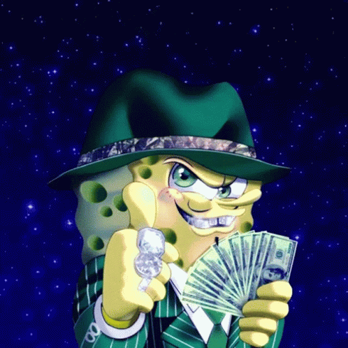 A Cartoon Of Spongebob Wearing A Green Hat Holding A Stack Of Money GIF