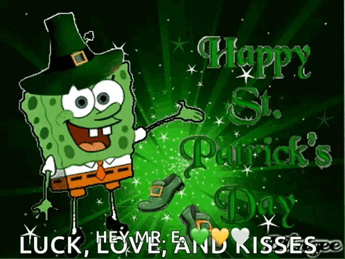 A Cartoon Of Spongebob Wearing A Leprechaun Hat With The Words Happy St. Patrick 'S Day GIF