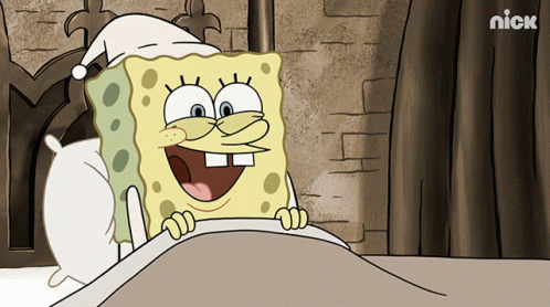 A Cartoon Of Spongebob Wearing A Nightcap And Smiling With The Nick Logo Behind Him GIF