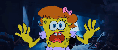 A Cartoon Of Spongebob Wearing A Pink Bow GIF