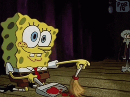 A Cartoon Of Spongebob With A Broom And A Scoop Of Blood GIF