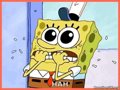 A Cartoon Of Spongebob With A Hat And Tie Says ' Hah ' GIF